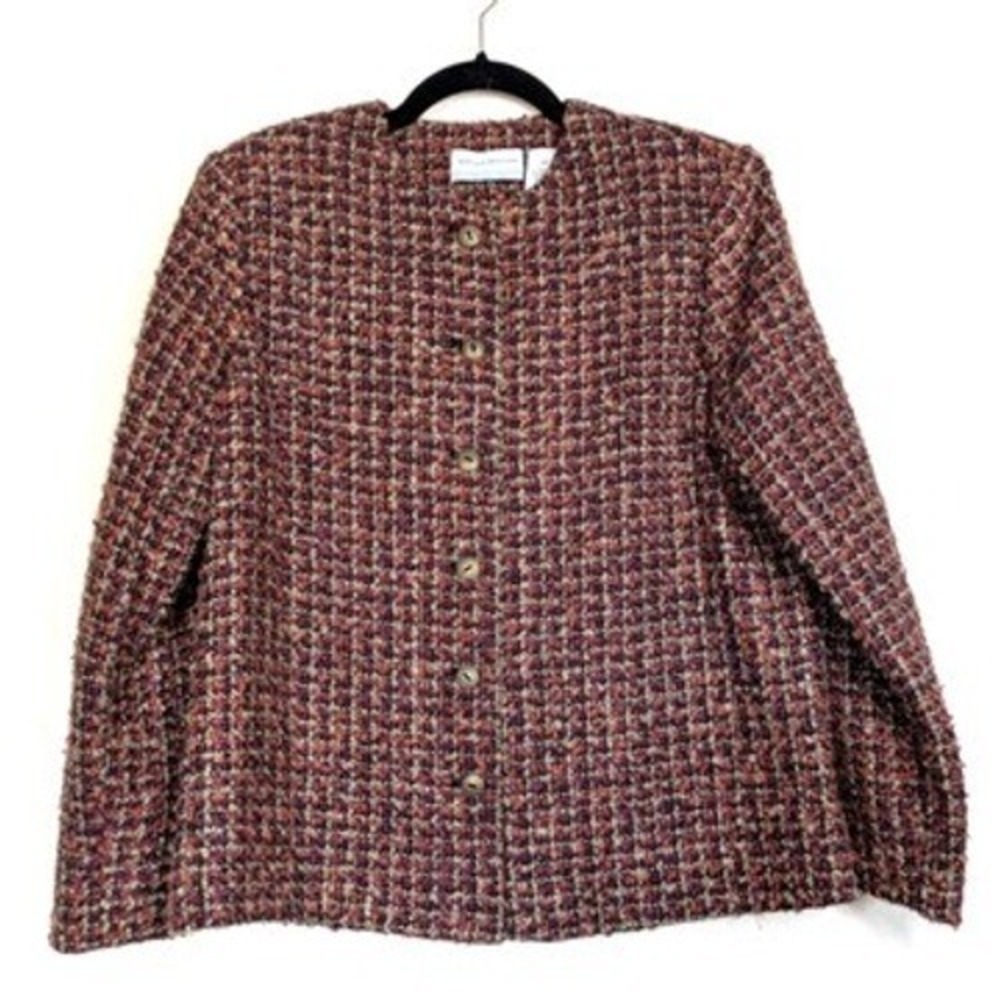 Alfred Dunner Jacket Women 12P Red Multi Tweed Button Front Collarless Blazer